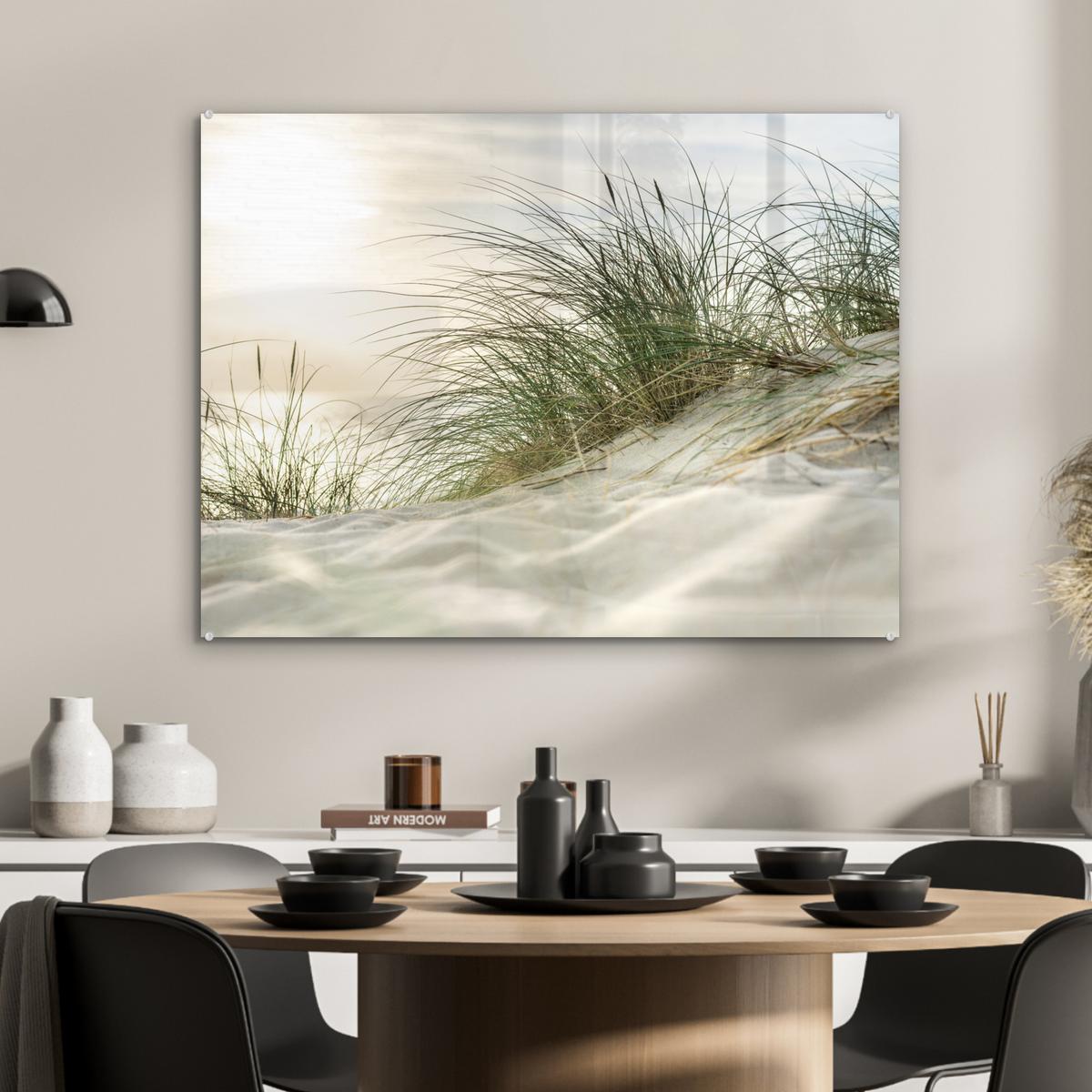 ACRYLGLASBILD Dünen mit Strandhafer in der Sonne des Nationalparks Schleswig-Holsteinisches Wattenmeer 80x60 cm - Creme, Glas (80/60cm) - MuchoWow