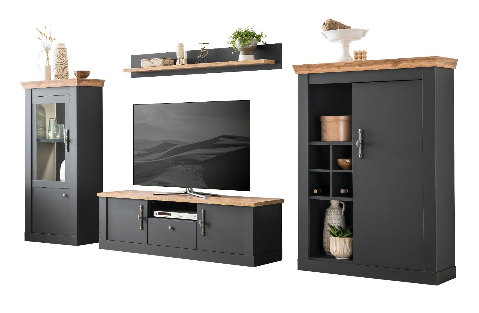 WOHNWAND 4-teilig grau, Eiche Wotan, Landhaus 357 x 170 cm, Wohnkombination mit Soft-Close - Silberfarben/Eiche Wotan, Glas/Holzwerkstoff (357/170/45cm) - Furn.Design