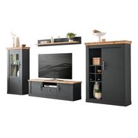 WOHNWAND 4-teilig grau, Eiche Wotan, Landhaus 357 x 170 cm, Wohnkombination mit Soft-Close - Silberfarben/Eiche Wotan, Glas/Holzwerkstoff (357/170/45cm) - Furn.Design