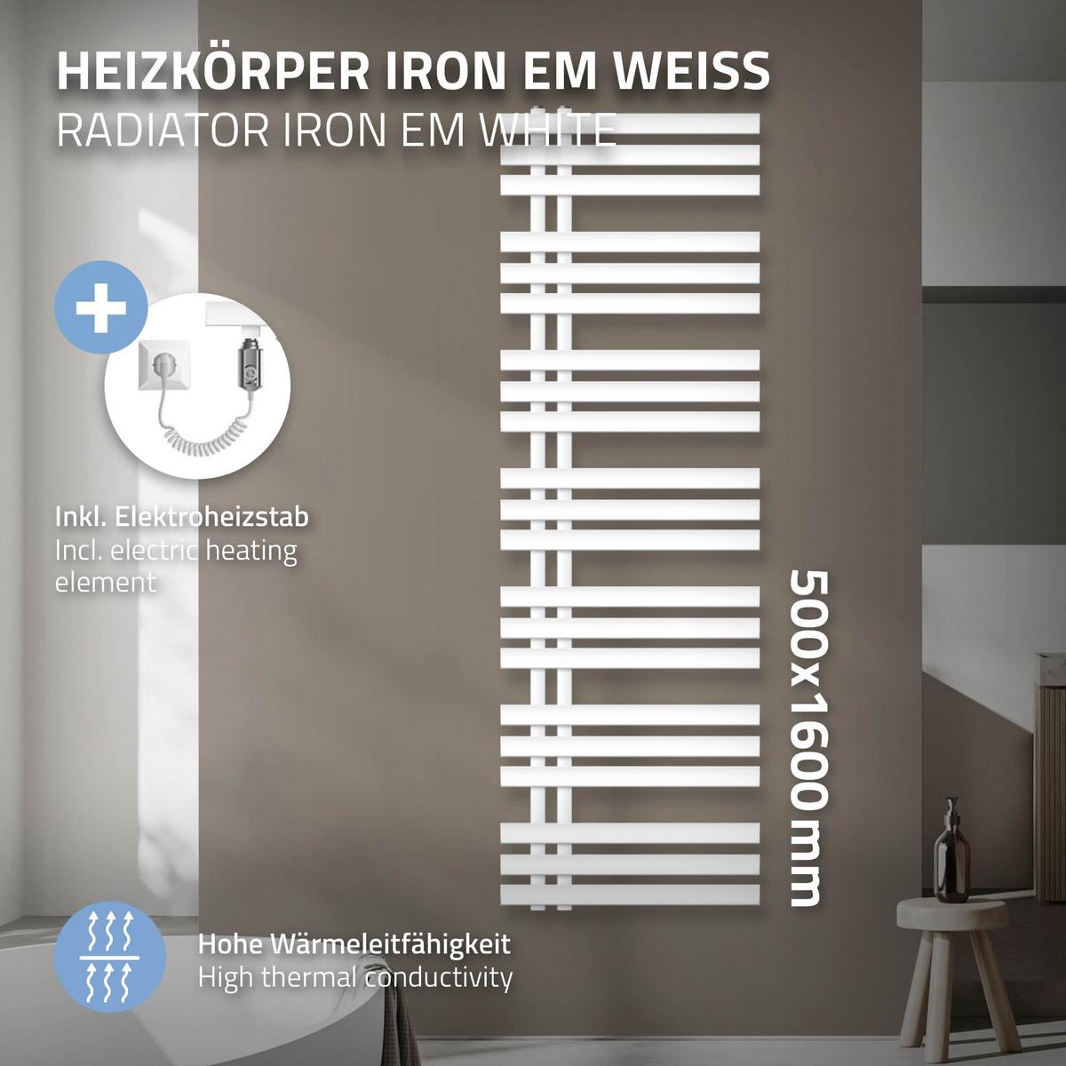 BADHEIZKÖRPER elektrisch Iron EM 500x1600 mm Weiß mit Heizstab 1200W - Weiß, Metall (50/160/3cm) - LuxeBath
