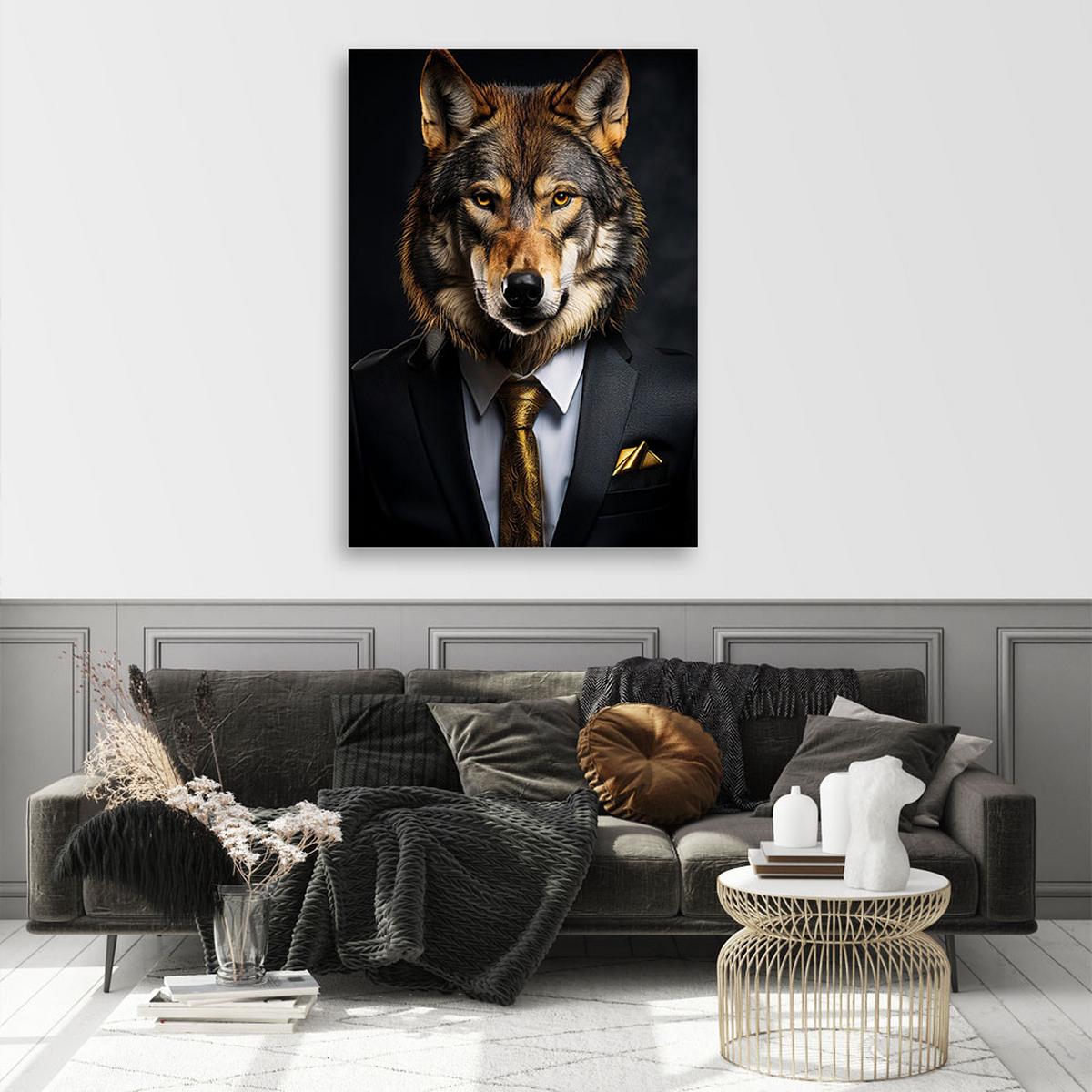 WANDBILD tierwolf im anzug - Schwarz, Textil (70/100cm) - Feeby
