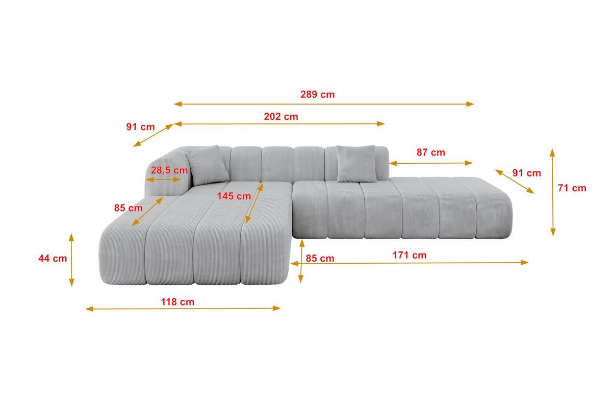 ECKSOFA Ottomane Links BILA-L 289x176x71 Grau Cord - Alufarben/Schwarz, Holzwerkstoff/Kunststoff (176/289cm) - ALTDECOR