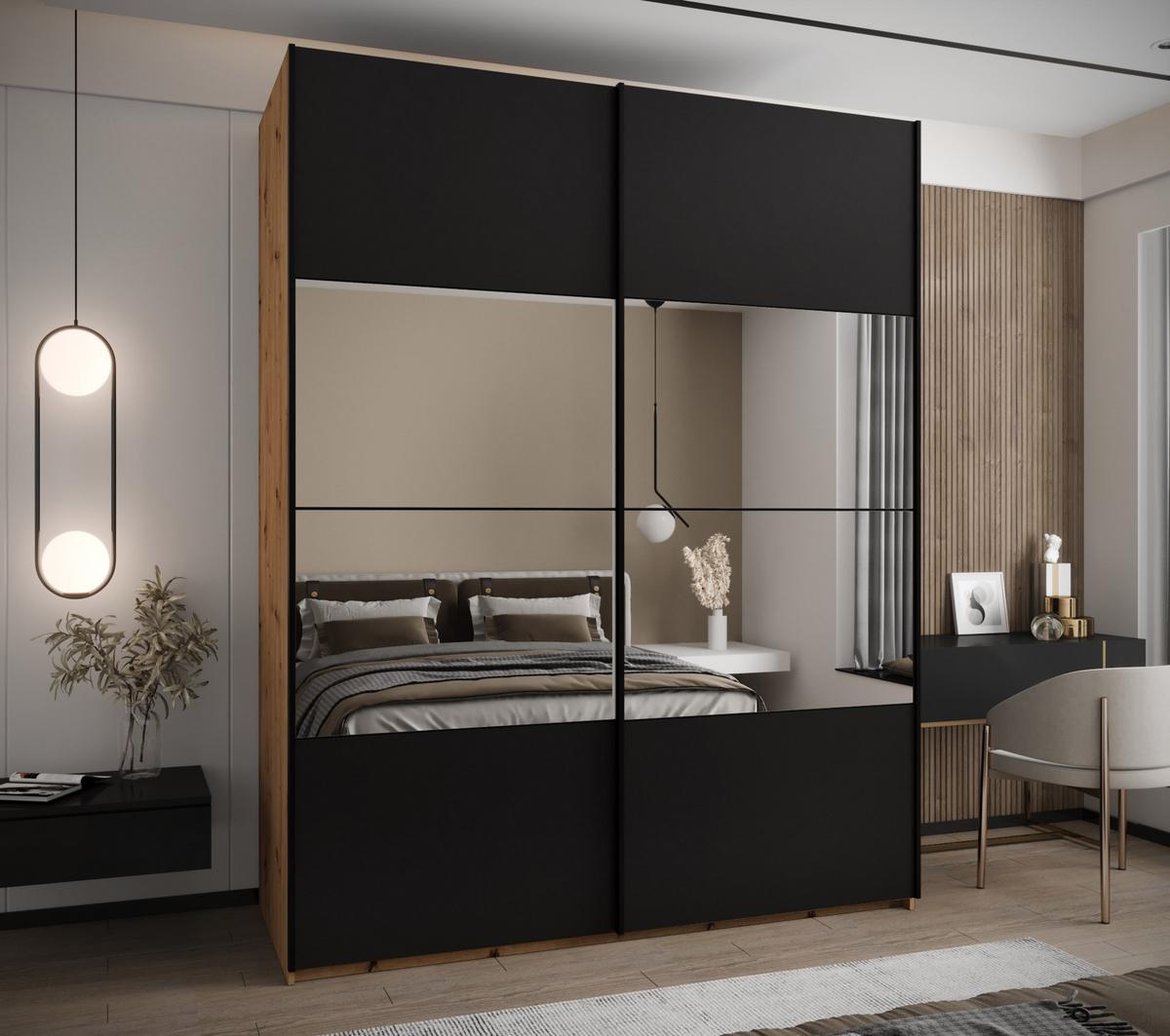 SCHWEBETÜRENSCHRANK 245,5/200/64 2-türig - Schwarz/Eiche Artisan, Holz/Metall (200/245/64cm) - Abiks Möbel