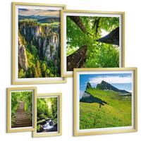 BILDER SET 5er Set - 50x50 cm & 20x30 cm & 40x60 cm Goldrahmen - Grüne Berge Wasserfallwald - Goldfarben, Kunststoff (40/60cm) - TULUP