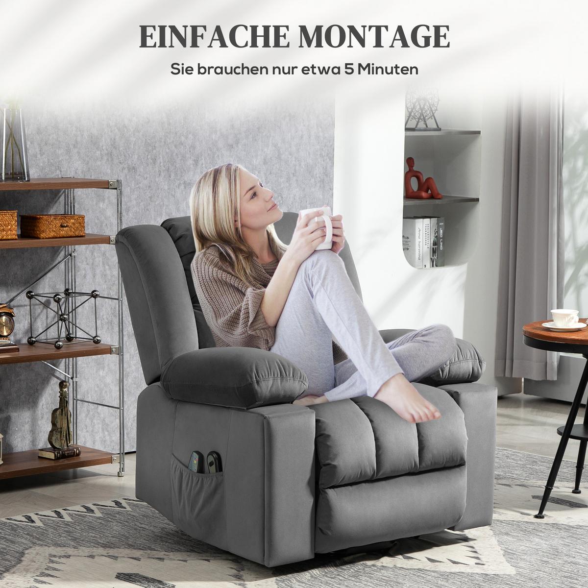 FERNSEHSESSEL mit Aufstehhilfe Relaxsessel mit Massage-/ Wärme-/Liegefunktion - Dunkelgrau, Textil (93/104/101cm) - HOMCOM