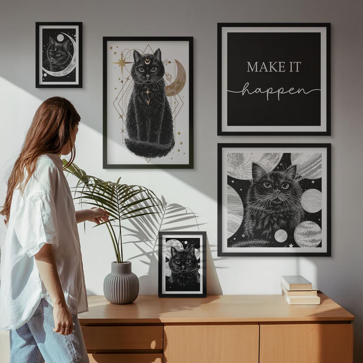 BILDER SET 5er Set - 50x50 cm & 20x30 cm & 40x60 cm Schwarzer Rahmen - Schwarze Katzen, Mond, Planet - Schwarz, Kunststoff (40/60cm) - TULUP