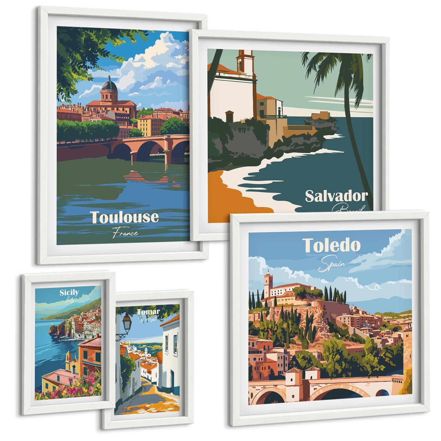 BILDER SET 5er Set - 50x50 cm & 20x30 cm & 40x60 cm Weißer Rahmen - Illustrationen zur Retro-Architektur der Berge - Weiß, Kunststoff (40/60cm) - TULUP