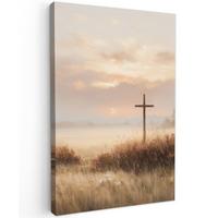 LEINWANDBILD Gras - Morgennebel - Kreuz - Christentum Wanddeko Schlafzimmer 60x90 cm - Beige, Textil (60/90cm) - MuchoWow