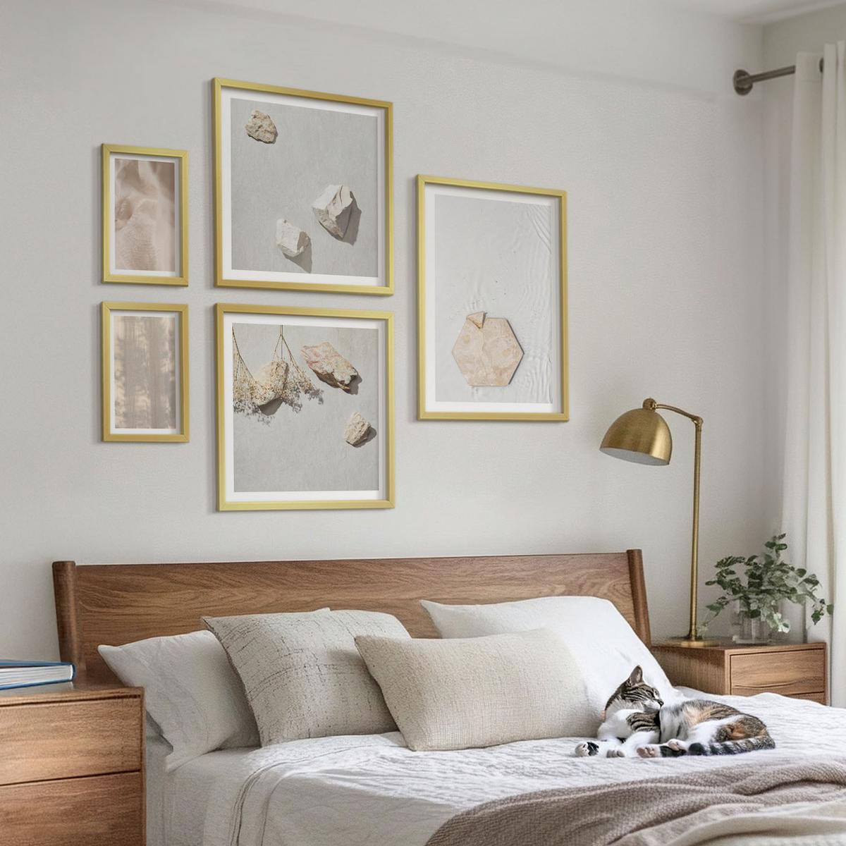 BILDER SET 5er Set - 50x50 cm & 20x30 cm & 40x60 cm Goldrahmen - Dezente Boho-Naturtexturen - Goldfarben, Kunststoff (40/60cm) - TULUP