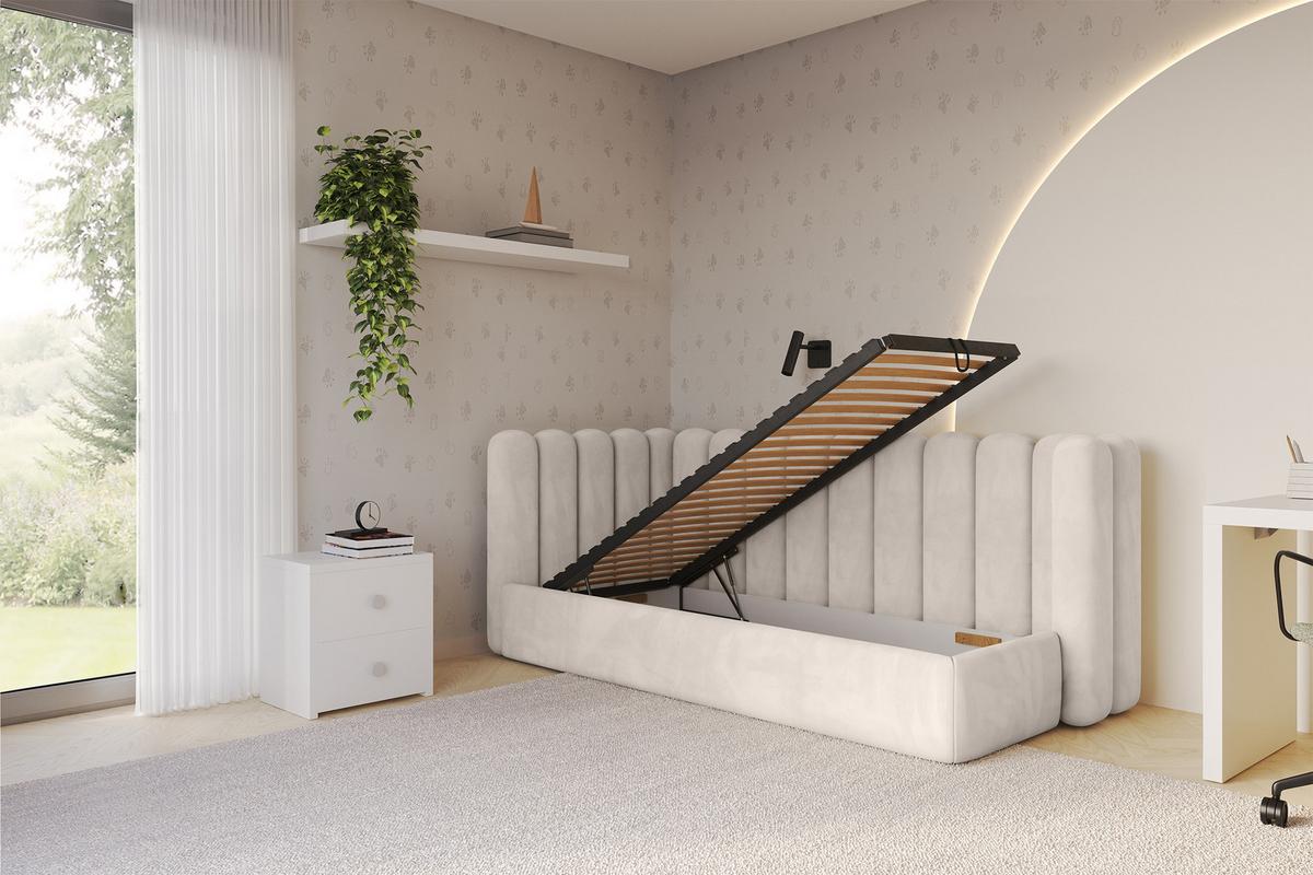 EINZELLBETT Jugendbett mit Bettkasten und Matratze H3/H4, Rechts - HUGY 100x200 Beige - Ecru, Holzwerkstoff/Textil (100/200cm) - ALTDECOR