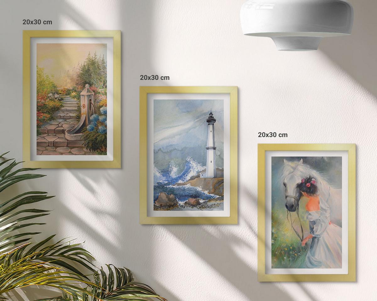 BILDER SET 3er Set - 20x30 cm Goldrahmen - Landschaft Leuchtturm Pferd Mädchen - Goldfarben, Kunststoff (20/30cm) - TULUP