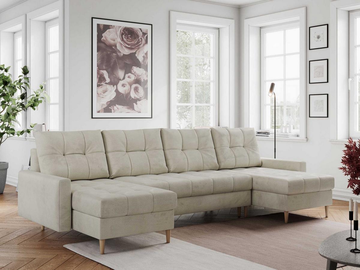 WOHNLANDSCHAFT Colin U Velvet Beige - Beige/Braun, Holz/Textil (290/75/140cm) - MKS