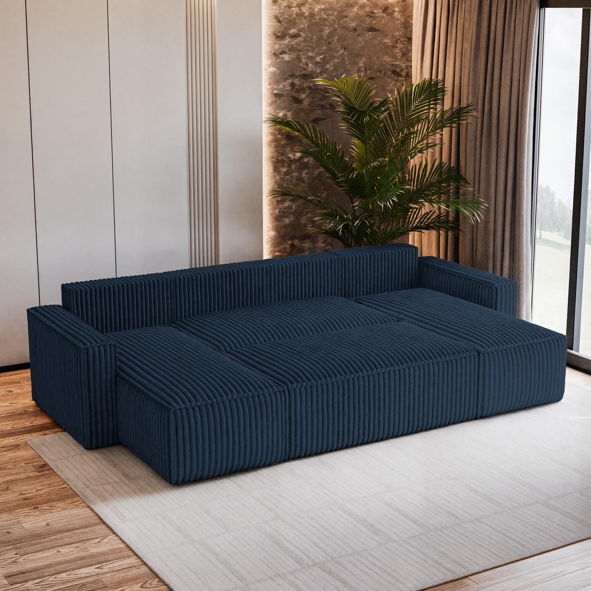 WOHNLANDSCHAFT PESANO T Blau Kordstoff mit Schlaffunktion - Blau/Grau, Holz/Kunststoff (306/85/140cm) - MASSENO