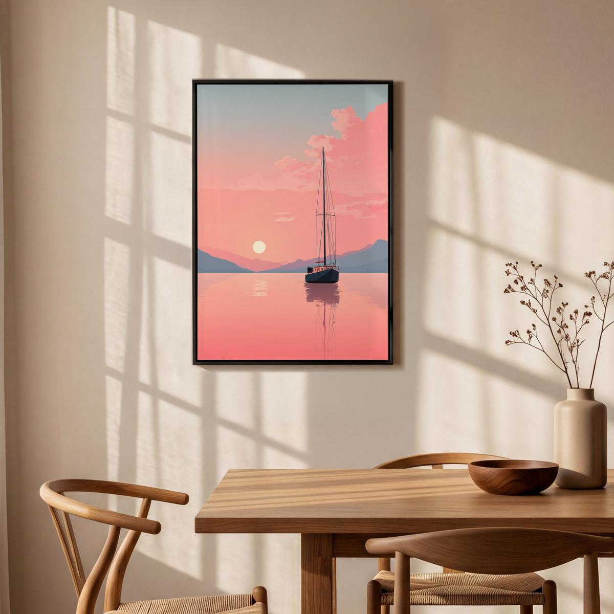 LEINWAND Bilder mit Rahmen - Segelboot - Rosa Meer - Sonnenuntergang - Berge - 60x90 - Rosa, Textil (60/90cm) - MuchoWow