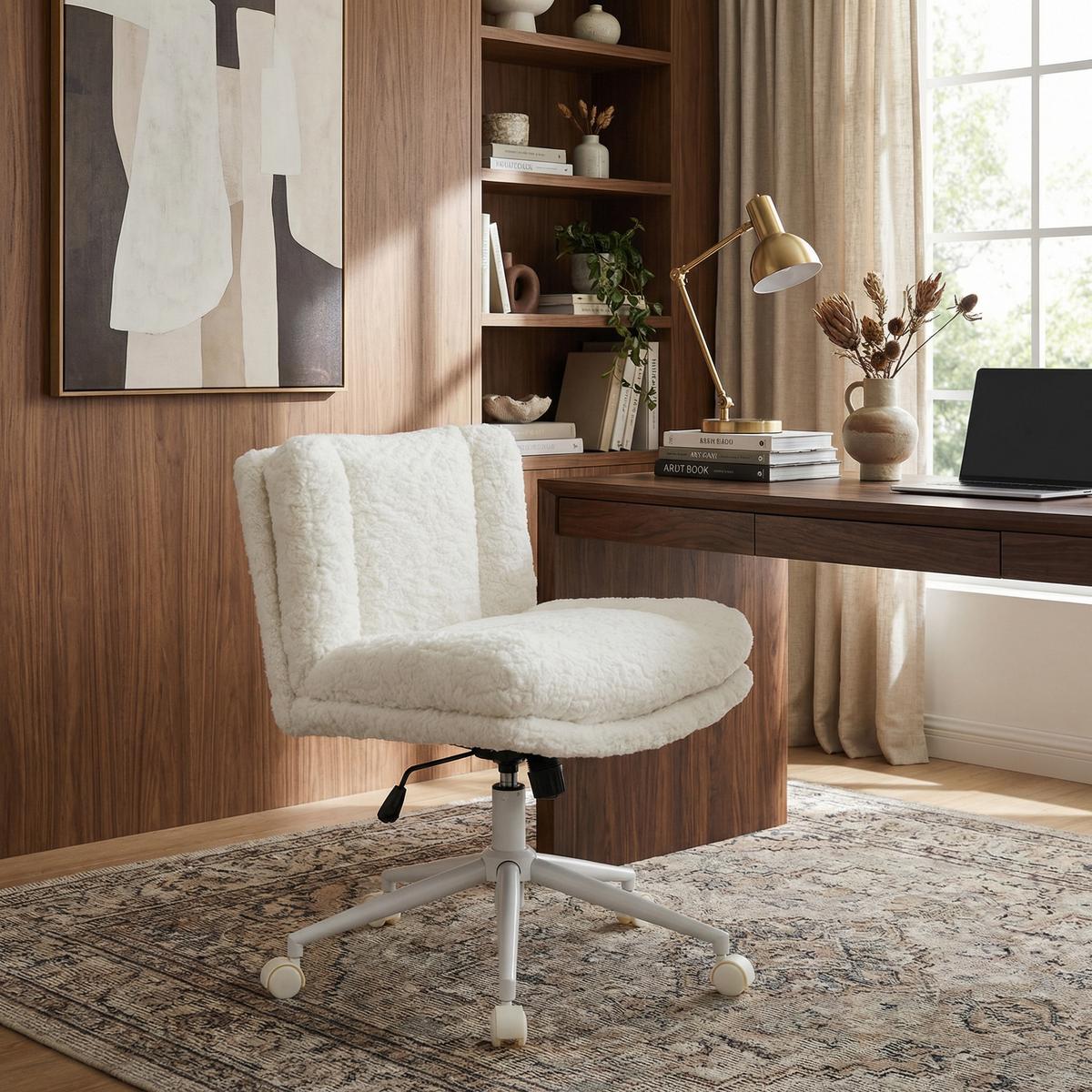DREHSTUHL Creme Kunstfell mit Rollen, höhenverstellbar - Creme, Textil (63/94/67cm) - Urban Meuble