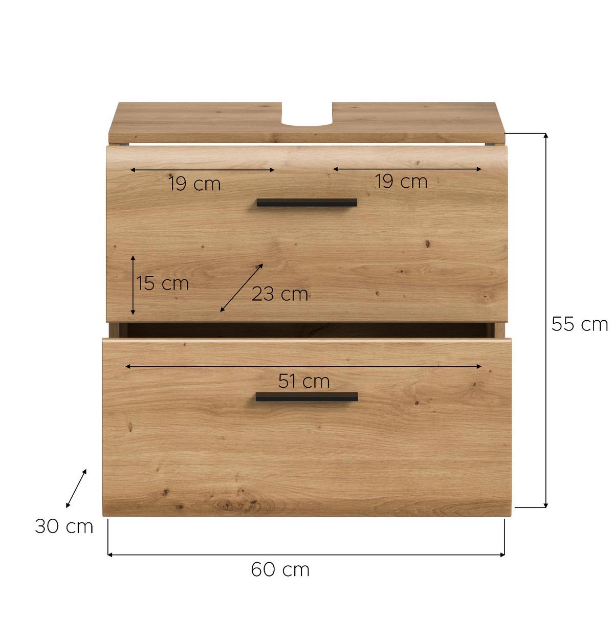 WASCHBECKENUNTERSCHRANK Eiche Artisan, Bad Unterschrank mit Vollauszug Schubkästen, Breite 60 cm - Schwarz/Eiche Artisan, Holzwerkstoff/Kunststoff (60/54/30cm) - Inn.Furn