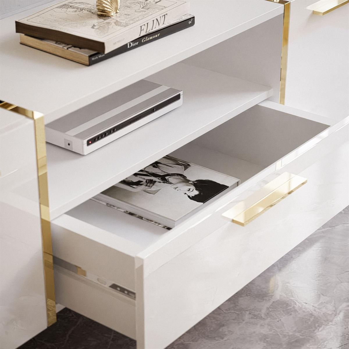 TV-ELEMENT ONYX AUF GOLDENEN BEINEN HOCHGLANZ 158 CM - Weiß, Holzwerkstoff (158/53/41.3cm) - Lookway