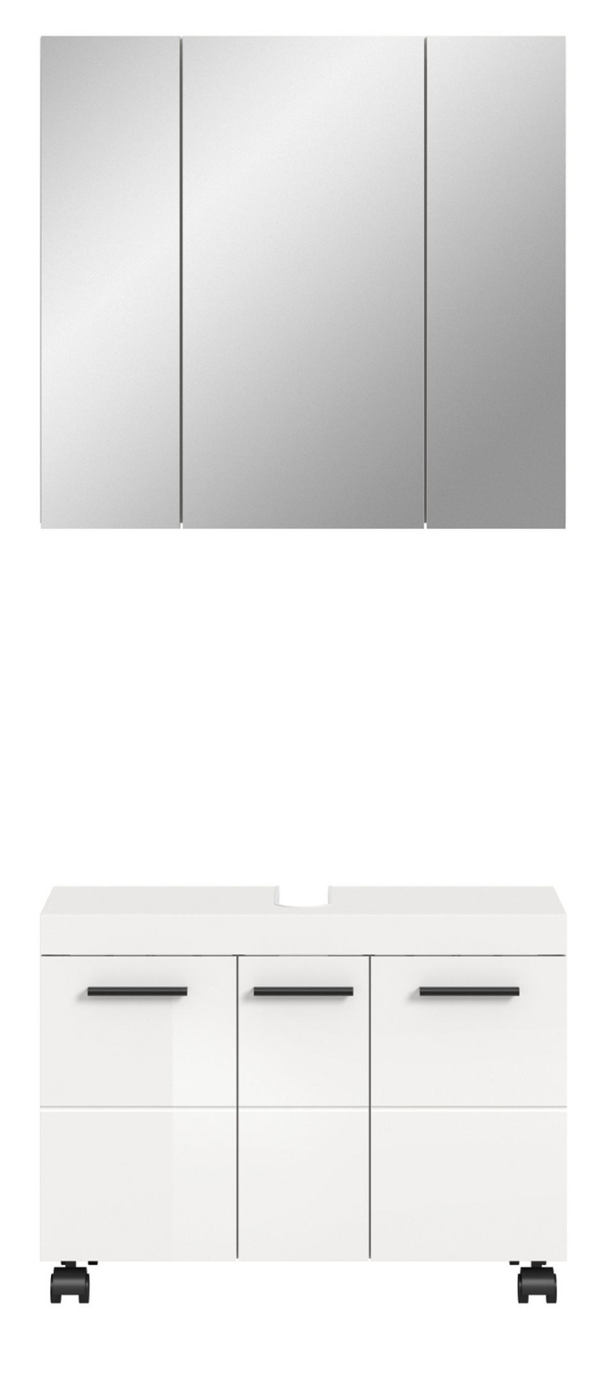 BADMÖBEL-SET weiß Hochglanz 2-teilig 82 cm, Badkombination auf Rollen - Weiß Hochglanz/Schwarz, Glas/Holzwerkstoff (82/191/30cm) - Inn.Furn