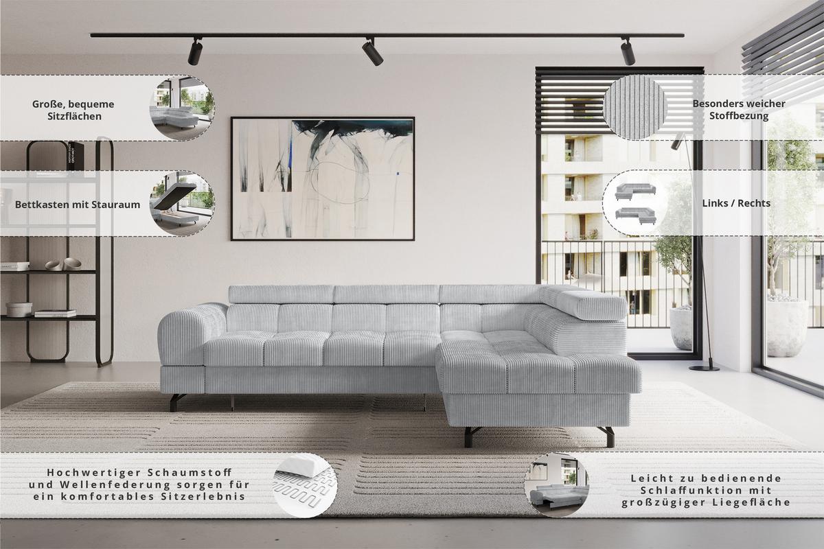ECKSOFA mit Schlaffunktion Ottomane Rechts LUMA-L 272x203x70 Dunkelgrau Cord - Dunkelgrau/Schwarz, Holzwerkstoff/Kunststoff (203/272cm) - ALTDECOR