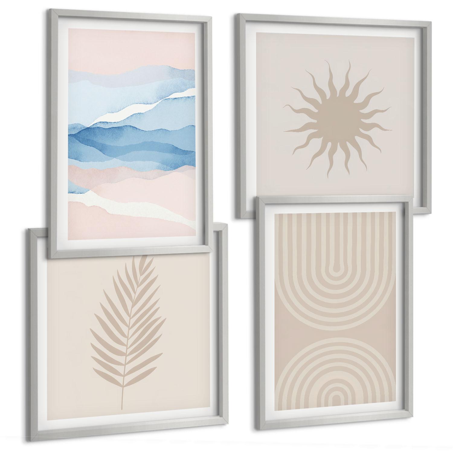 BILDER SET 4er Set - 50x50 cm & 40x60 cm Silberner Rahmen - Abstrakte Linien der Sonnenwellen - Silberfarben, Kunststoff (50/50cm) - TULUP