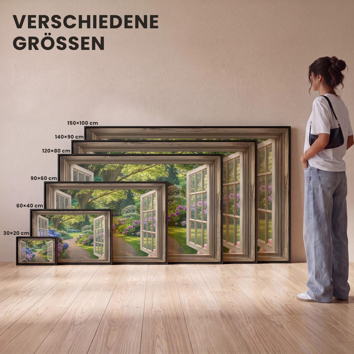 LEINWAND Bilder mit Rahmen - Aussicht - Garten - Fenster - Hortensie - Blumen - 120x80 - Pastellblau, Textil (120/80cm) - MuchoWow
