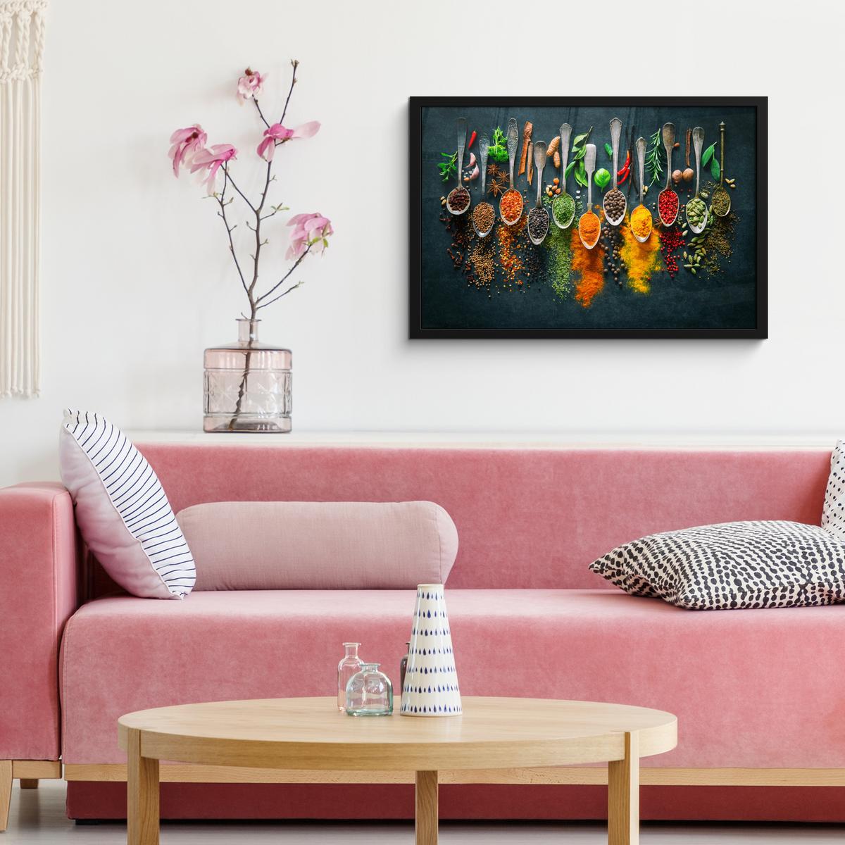 POSTER MIT RAHMENGERAHMTES BILD Kräuter - Gewürze - Löffel 60x40 cm - Currygelb, Papier (60/40cm) - MuchoWow