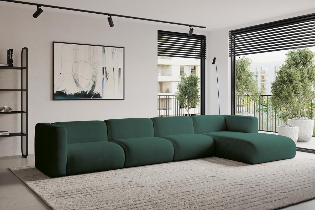 ECKSOFA Ottomane Rechts MIRA-L3 409x179x70 Grün Velours - Dunkelgrün/Schwarz, Holzwerkstoff/Kunststoff (409/179cm) - ALTDECOR