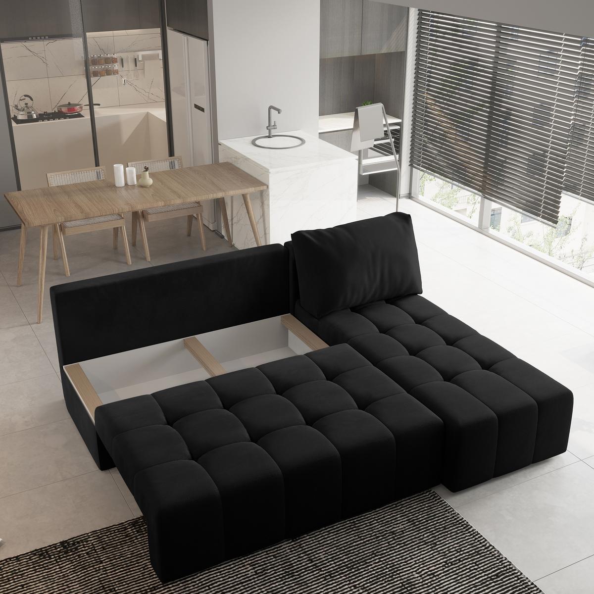 ECKSOFA DOMIRA Schwarz Plüsch-Stoff mit Schlaffunktion - Schwarz, Holz (200/141cm) - MASSENO