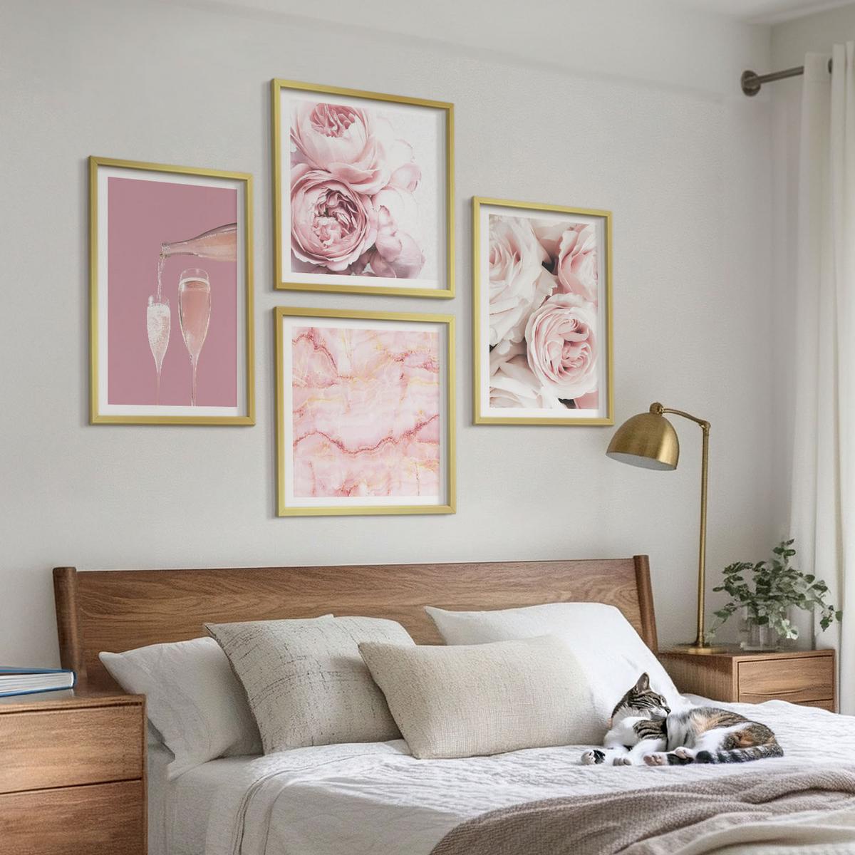 BILDER SET 4er Set - 50x50 cm & 40x60 cm Goldrahmen - Rosen, Champagner, Marmor, Pastell - Goldfarben, Kunststoff (50/50cm) - TULUP