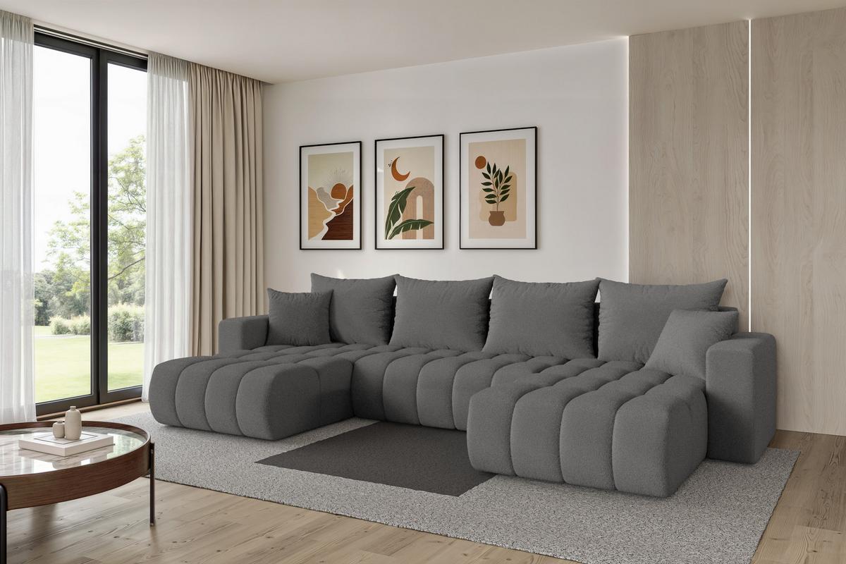 WOHNLANDSCHAFT mit Schlaffunktion und Bettkasten MILA-U-v1 378x194x86 Grau Bouclé - Schieferfarben/Schwarz, Holzwerkstoff/Kunststoff (378/86/194cm) - ALTDECOR
