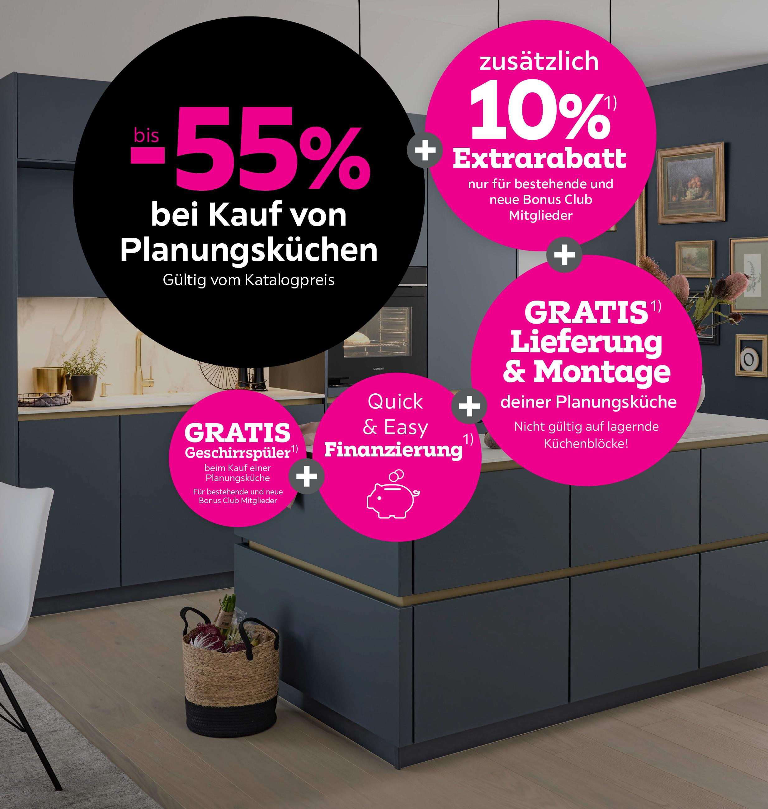 bis -55% bei Kauf von Planungsküchen + 10% Extrarabatt