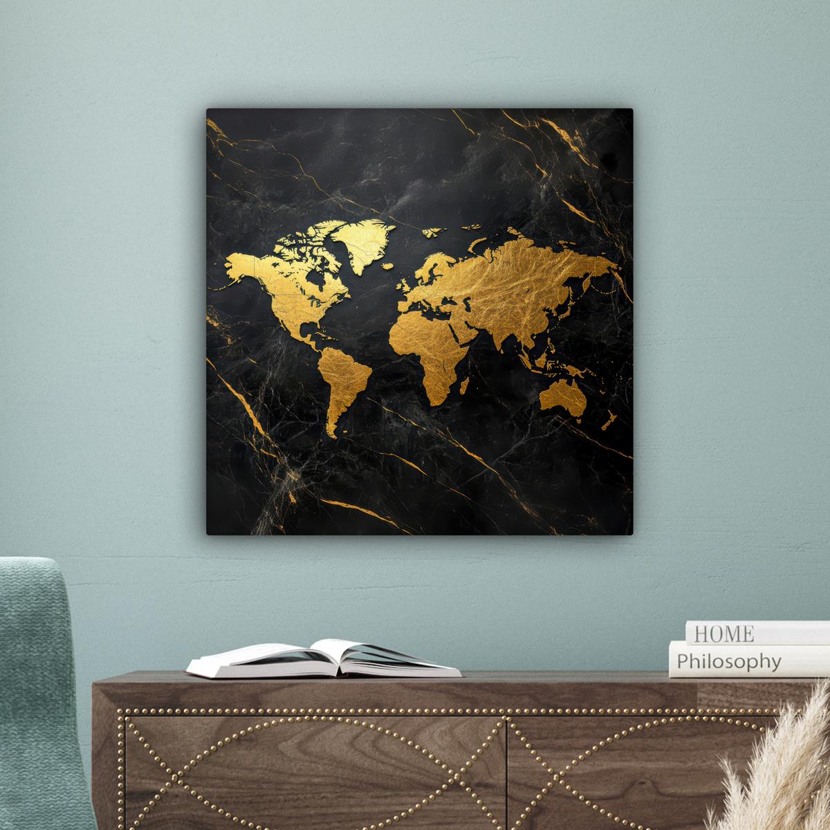 LEINWANDBILD Weltkarte - Gold - Marmor Wandbild Wohnzimmer 50x50 cm - Goldfarben, Textil (50/50cm) - MuchoWow