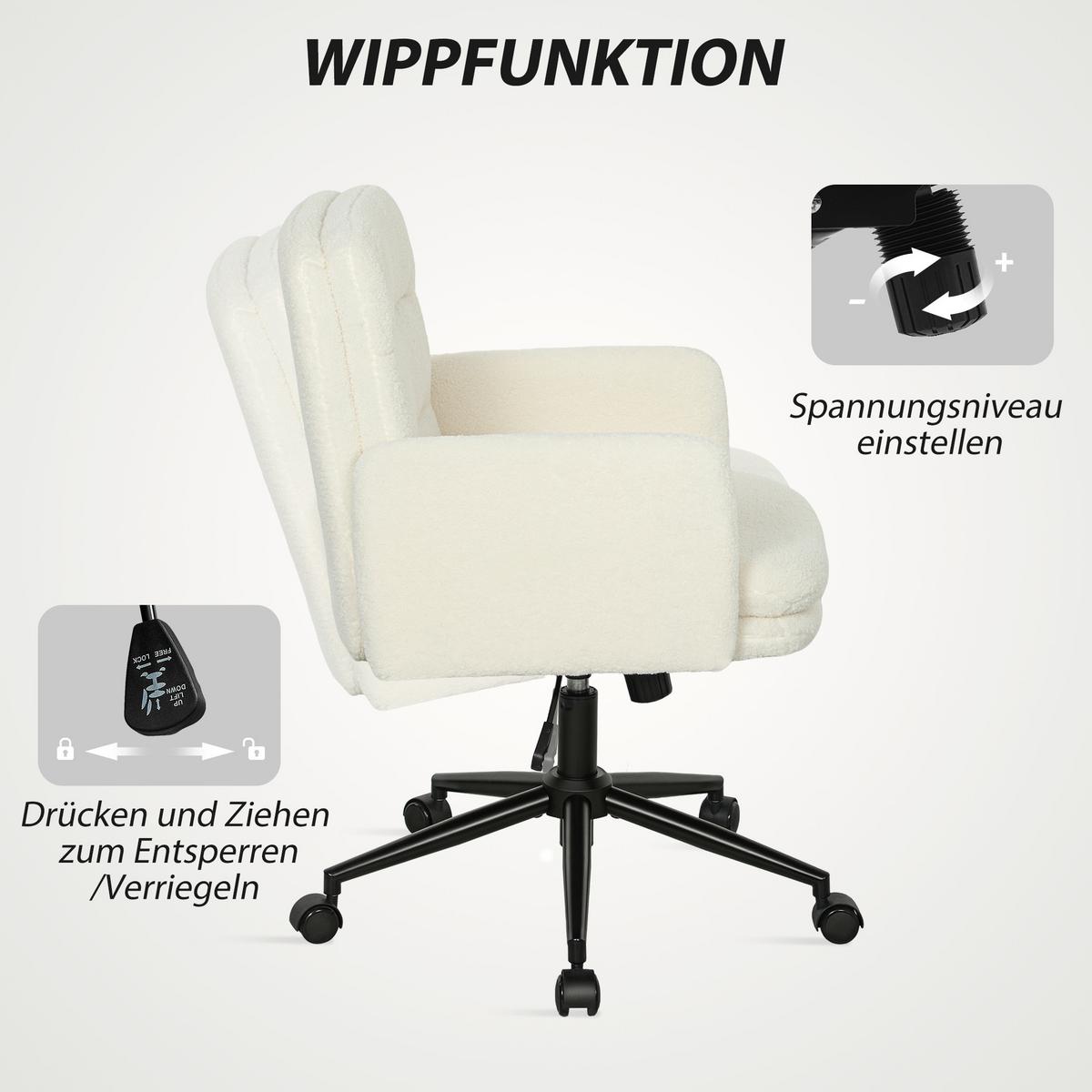 SCHREIBTISCHSTUHL höhenverstellbar Homeoffice Stuhl mit Bouclé-Optik, Cremeweiß - Creme/Schwarz, Textil/Metall (61.5/101/65cm) - HOMCOM