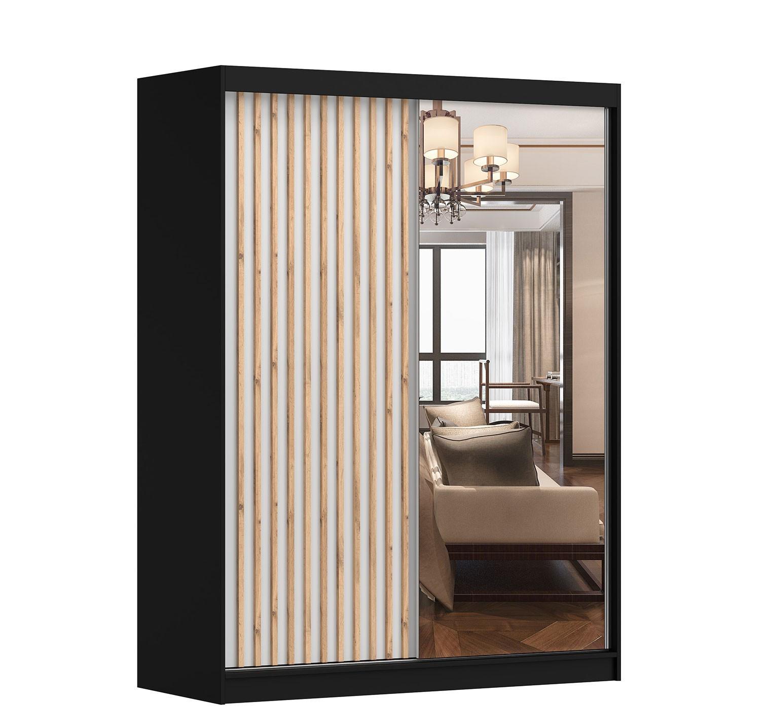 SCHWEBETÜRENSCHRANK Lami B Schwarz/Weiß + Spiegel, mit LED-Beleuchtung 150 cm - Alufarben/Schwarz, Glas/Holz (150/200/61cm) - imoebel24