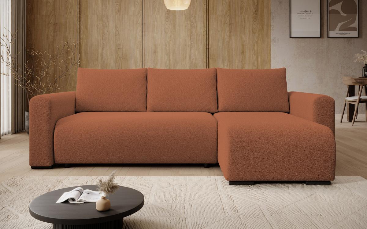 ECKSOFA DORA L, Eckcouch in L-Form mit Schlaffunktion und Bettkasten, Farbe: Orange, Bouclé-Stoff, Ottomane Rechts - Orange, Textil (240/143cm) - Storez24