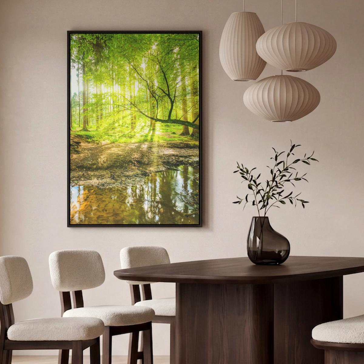LEINWAND Bilder mit Rahmen - Wald - Landschaft - Wasser - Bäume - Sonne - Grün - Natur - 100x150 - Grün, Textil (100/150cm) - MuchoWow