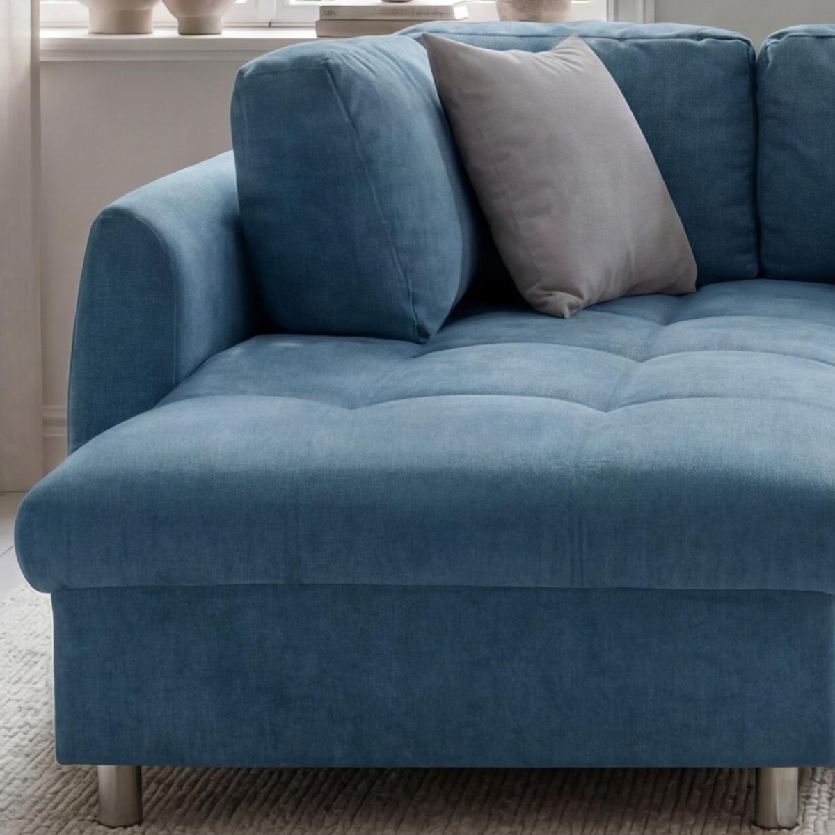 ECKSOFA mit Schlaffunktion, Bettkasten, Wellenunterfederung, Ottomane links B250/T190/H84 cm, Liegefl. 179x190 cm, Mikrofaser Blau / 17102 - Blau/Chromfarben, Textil/Metall (250/190cm) - luma-home