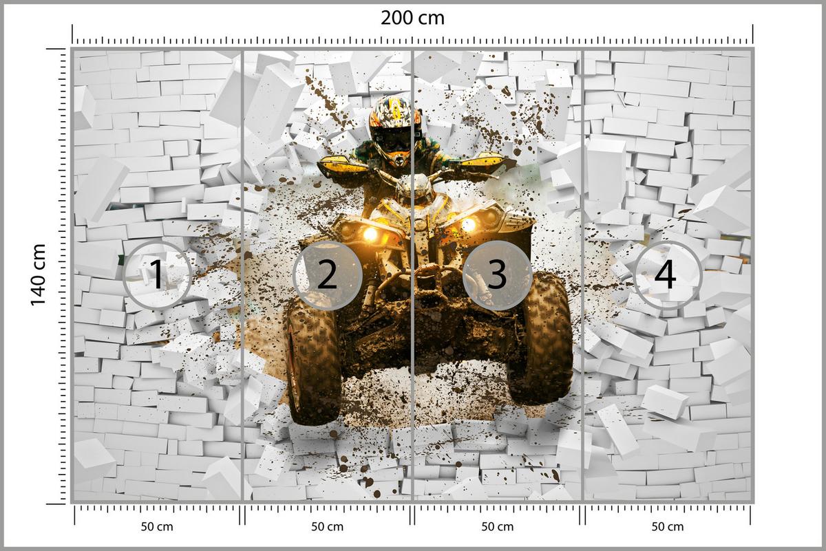 FOTOTAPETE für Büro Schlammbedecktes Quad Durchbricht Backsteinmauer 200x140 - Gelb/Beige, Papier (200/140cm) - Muralo