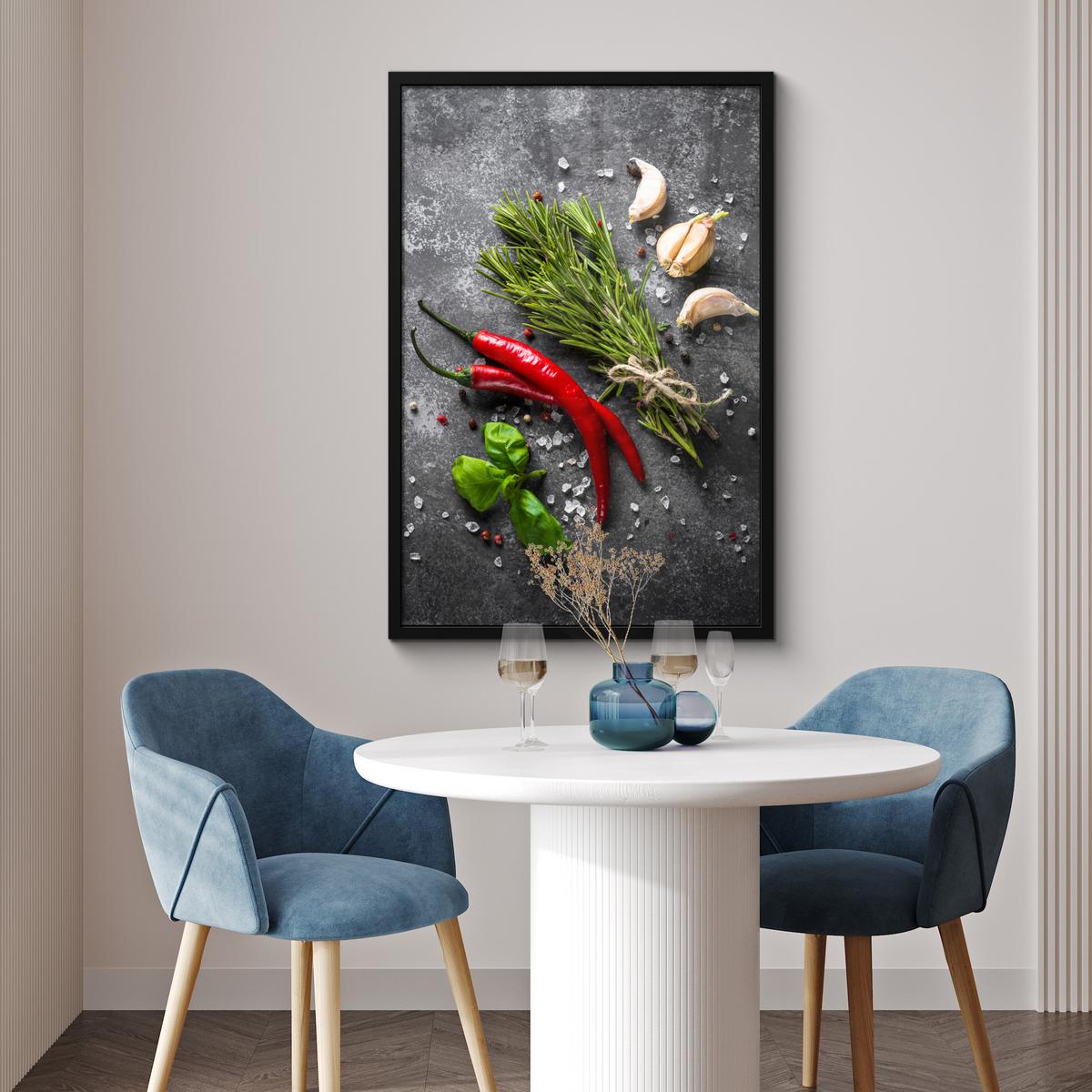 POSTER MIT RAHMENGERAHMTES BILD Pfeffer - Kräuter - Gewürze - Beton 60x90 cm - Dunkelgrau, Papier (60/90cm) - MuchoWow