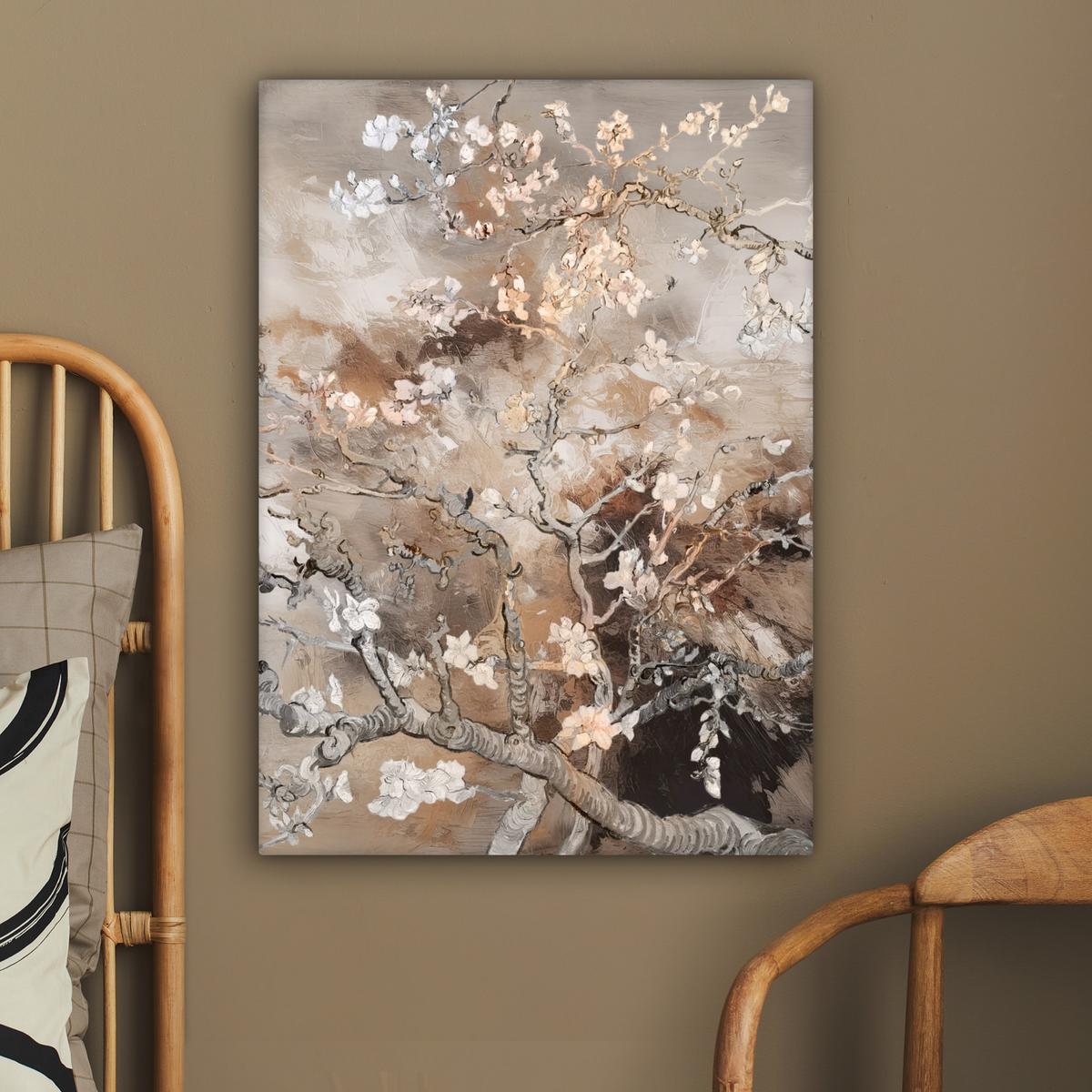 LEINWANDBILD Mandelblüte - Kunst - Van Gogh - Beige - Abstrakt Wandbild Wohnzimmer 60x80 cm - Braun, Textil (60/80cm) - MuchoWow