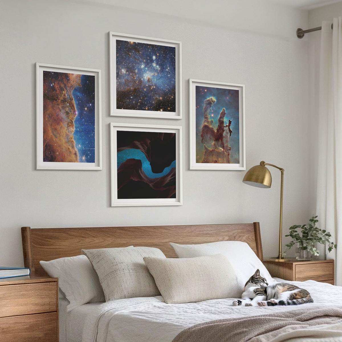 BILDER SET 4er Set - 50x50 cm & 40x60 cm Weißer Rahmen - Weltraumlandschaften von Galaxien - Weiß, Kunststoff (50/50cm) - TULUP