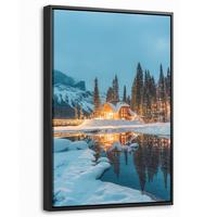 LEINWAND Bilder mit Rahmen - Winterlandschaft - Natur - Haus - Berge - Schnee - 40x60 - Hellblau, Textil (40/60cm) - MuchoWow