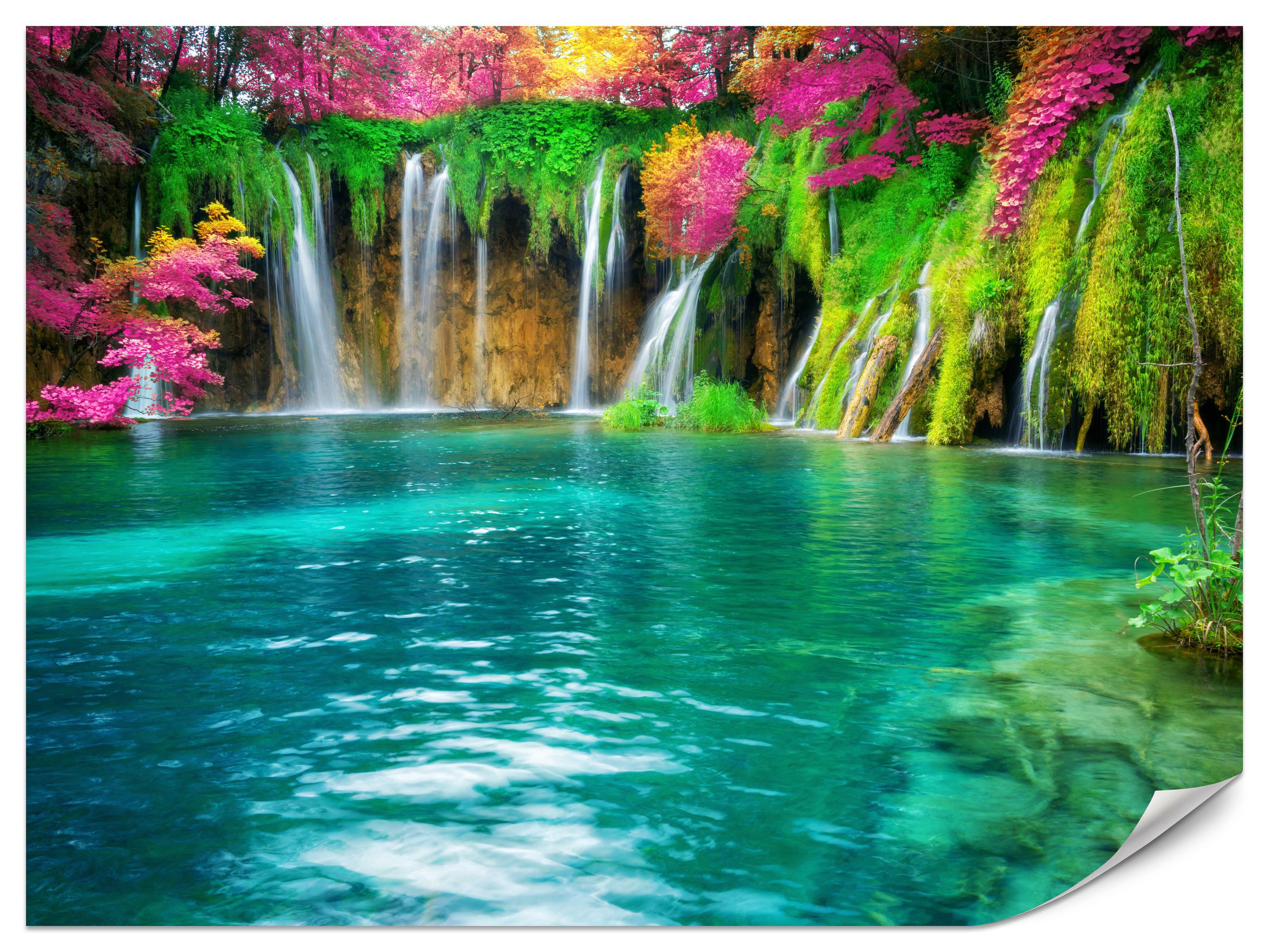 FOTOTAPETE für Küche Exotischer Wasserfall Bäume Pflanzen Tropisch 300x210 - Türkis/Violett, Papier (300/210cm) - Muralo