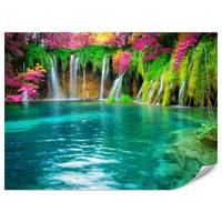 FOTOTAPETE für Küche Exotischer Wasserfall Bäume Pflanzen Tropisch 300x210 - Türkis/Violett, Papier (300/210cm) - Muralo