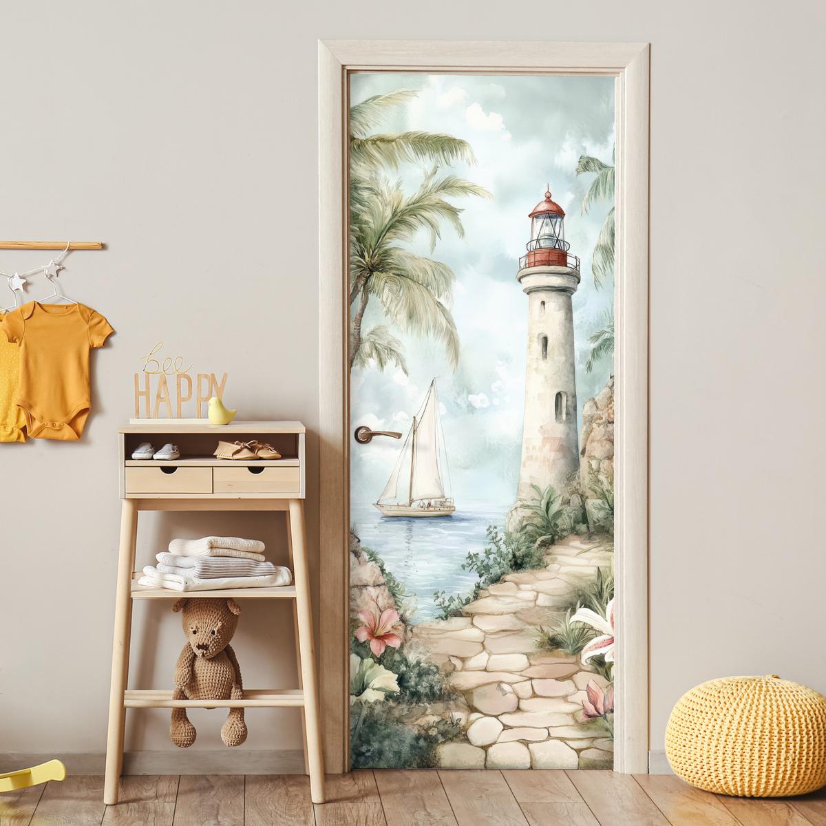 TÜRAUFKLEBER Leuchtturm - Natur - Landschaft - Boot 90x235 cm - Türtapete - Eichefarben, Kunststoff (90/0.1cm) - MuchoWow