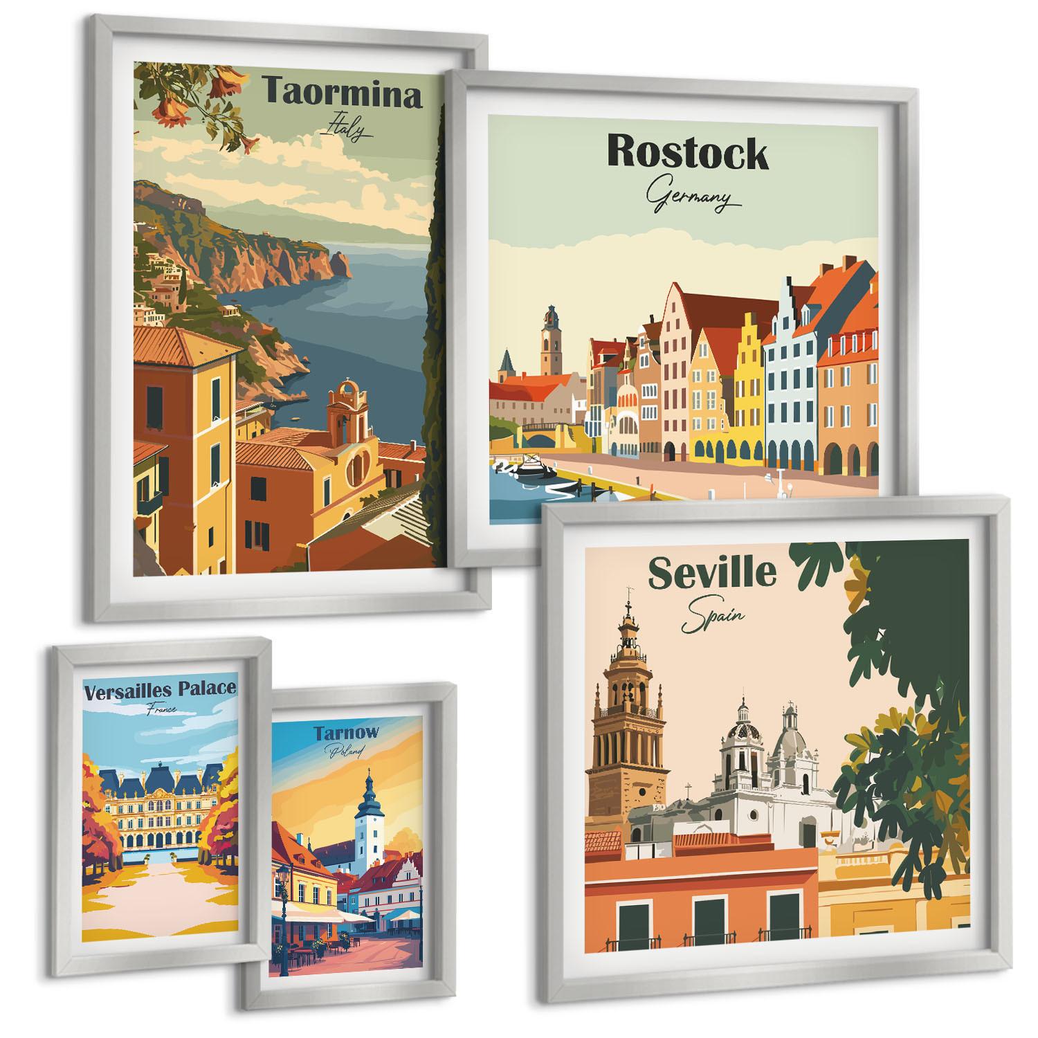 BILDER SET 5er Set - 50x50 cm & 20x30 cm & 40x60 cm Silberner Rahmen - Retro-Stadtgrafiken - Silberfarben, Kunststoff (40/60cm) - TULUP