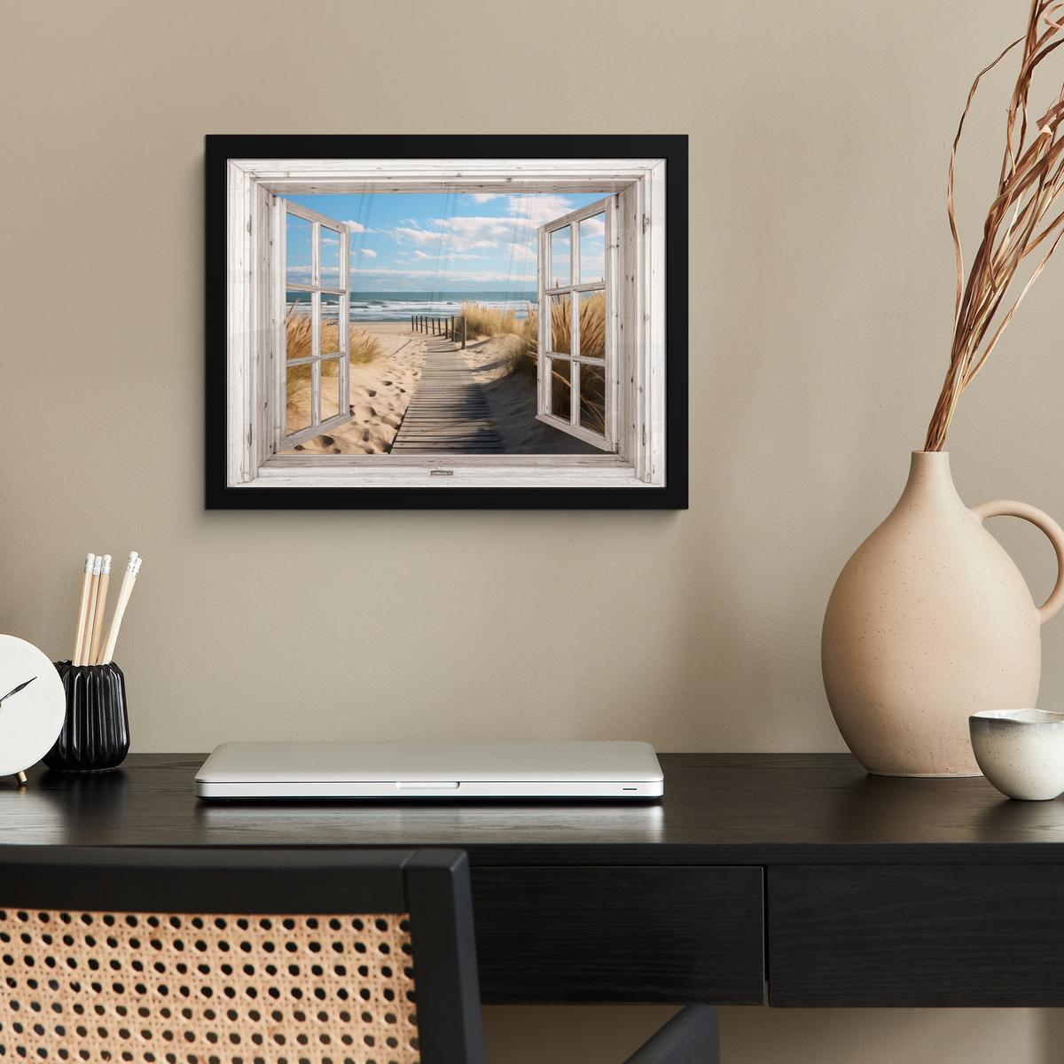 POSTER MIT RAHMENGERAHMTES BILD Fenster - Meer - Küste - Natur - Ausblick - Strand - Wattenmeer 40x30 cm - Beige, Papier (40/30cm) - MuchoWow