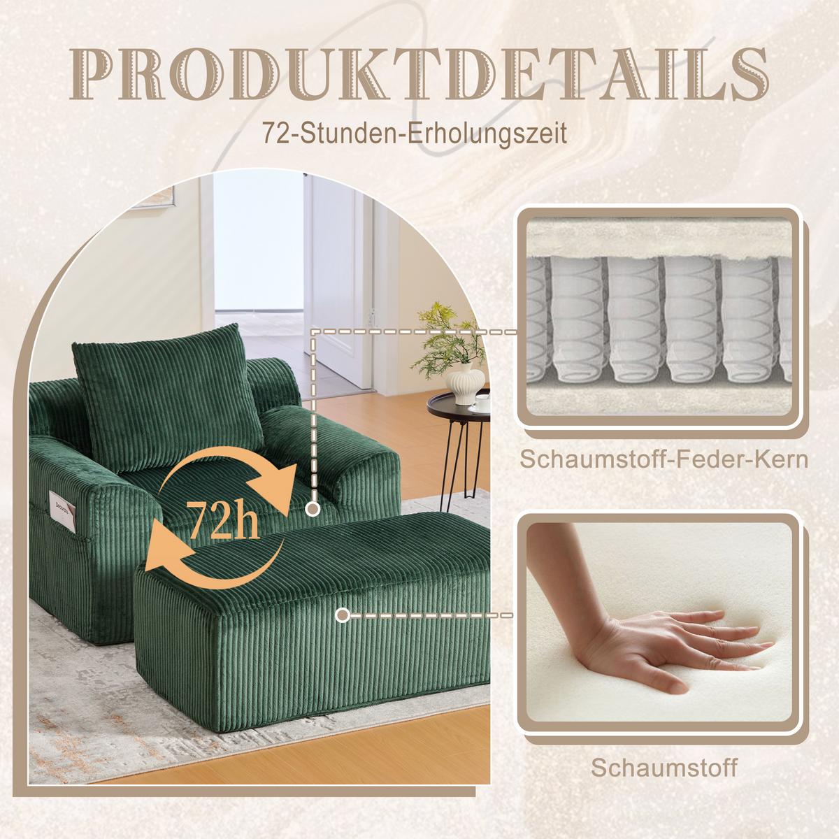 SESSEL mit Hocker in Cord Übergroßer Relaxsessel - Grün, Textil (110/67/147cm) - Urban Meuble