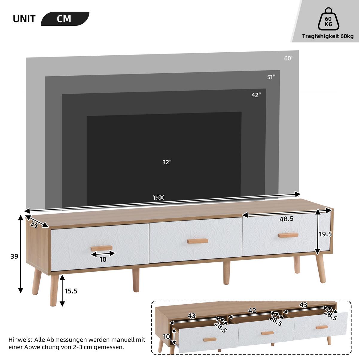 TV-MÖBEL Heller Holzoptik 150/35/39 cm - Grau, Holzwerkstoff (35/39/150cm) - Urban Meuble