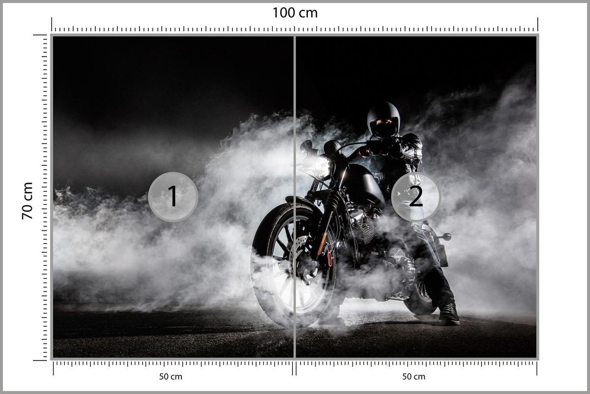 FOTOTAPETE für Jugendzimmer Motorrad Nebel Mann Straße Rauch Sport Action 100x70 - Schwarz/Weiß, Papier (100/70cm) - Muralo